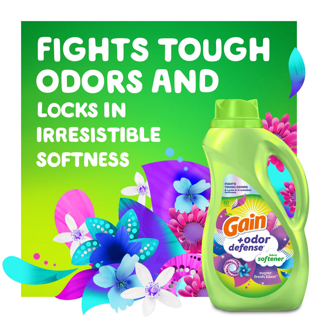 Gain Odor Defense Liquid Fabric Softener and Conditioner, Super Fresh Blast, 100 fl oz, 136 Loads