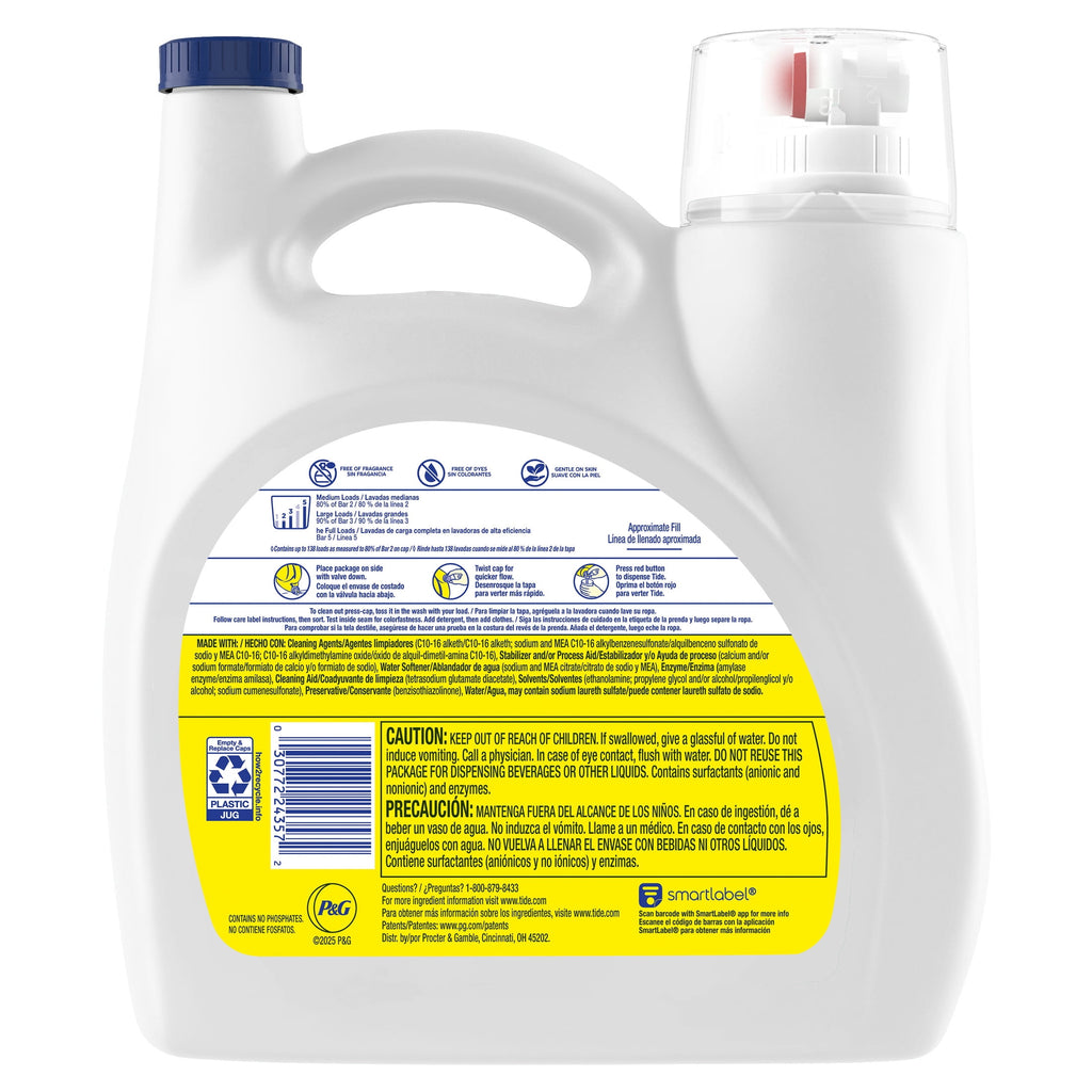 Tide Simply Liquid Laundry Detergent, Free & Sensitive, 138 Loads, 173 fl oz