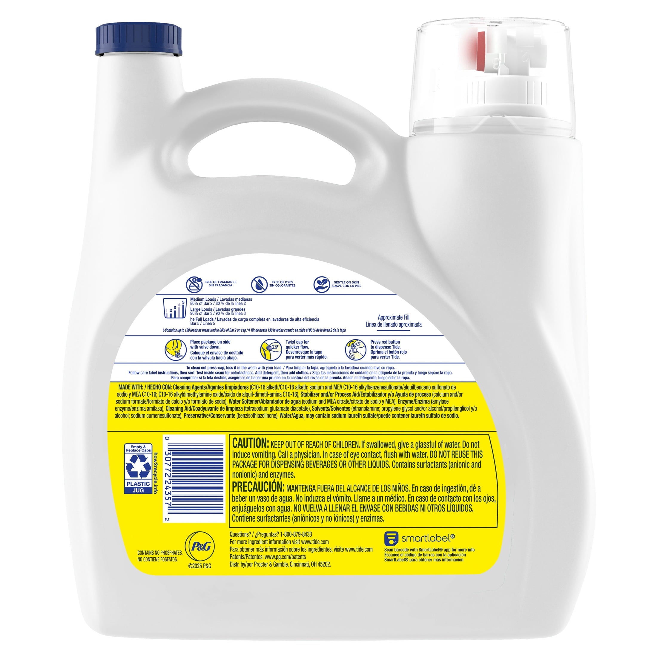 Tide Simply Liquid Laundry Detergent, Free & Sensitive, 138 Loads, 173 fl oz
