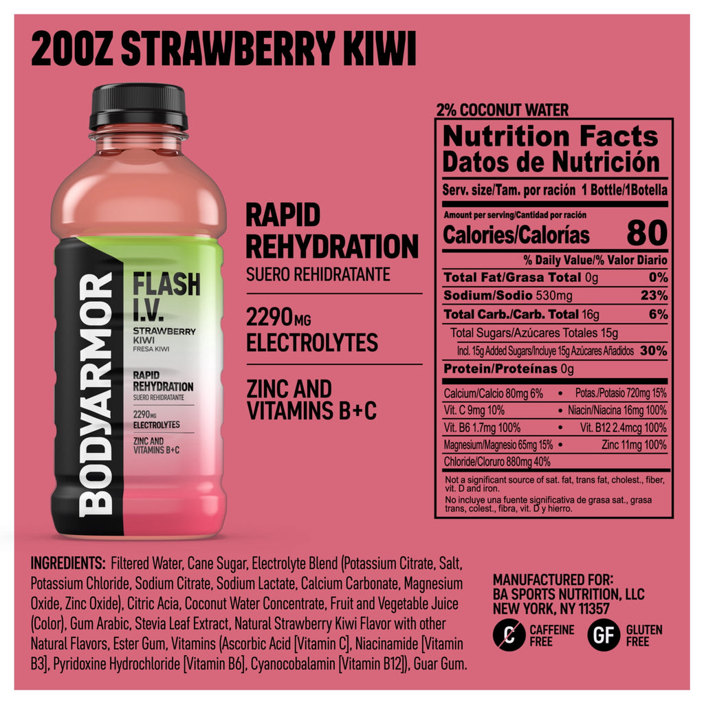 BODYARMOR Flash I.V. Strawberry Kiwi Electrolyte Sports Drink Bottle, 20 fl oz