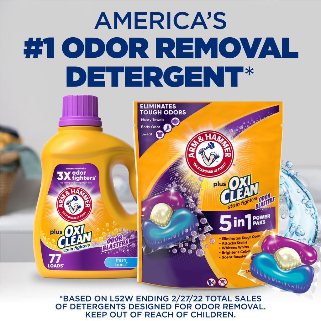 ARM & HAMMER Plus OxiClean With Odor Blasters Laundry Detergent, 5-IN-1 Power Paks, 72 Ct