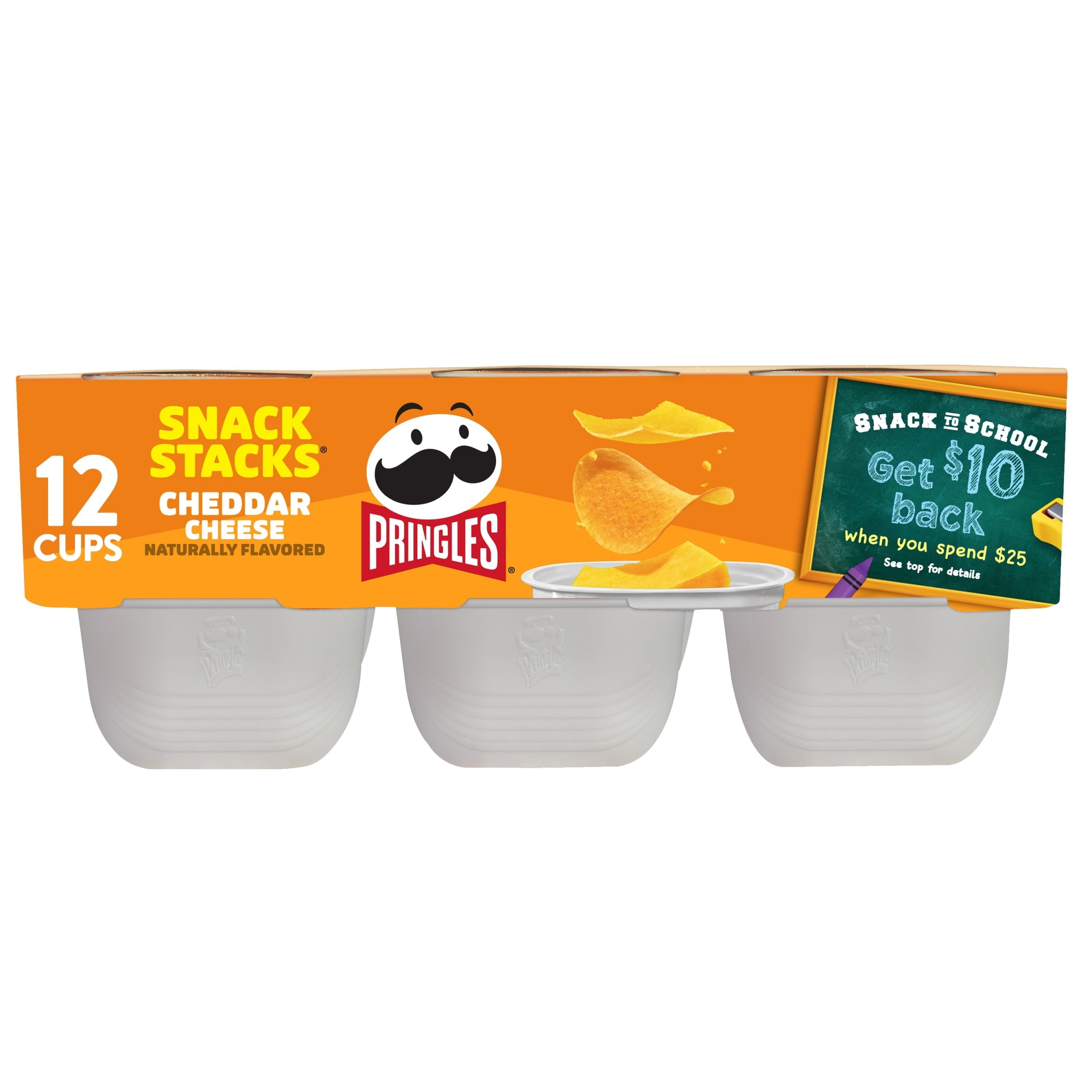Pringles Potato Crisps Chips, Lunch Snacks, Snack Cups, Cheddar Cheese, 8.8oz Tray (12 Cups)