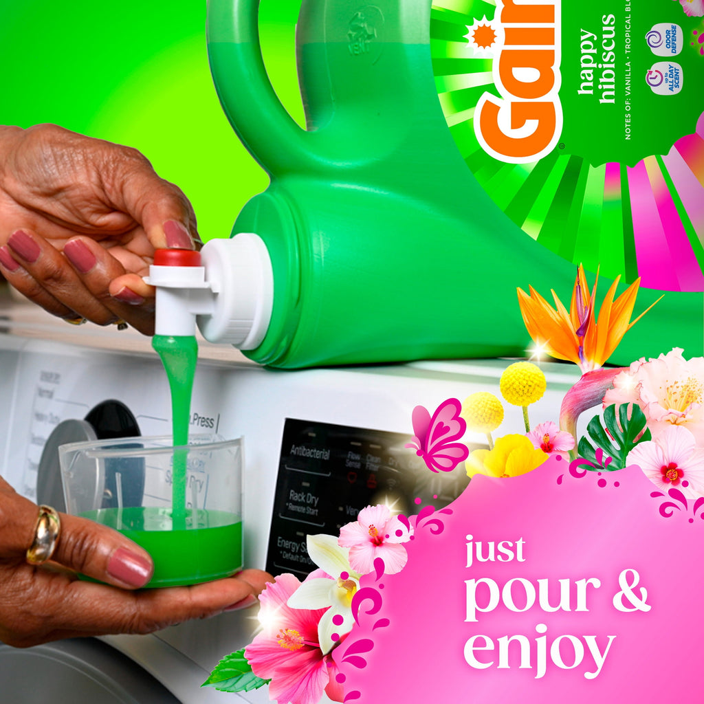 Gain Laundry Detergent Liquid, Now with Odor Defense, Happy Hibiscus Scent, 132 fl oz, 100 Loads