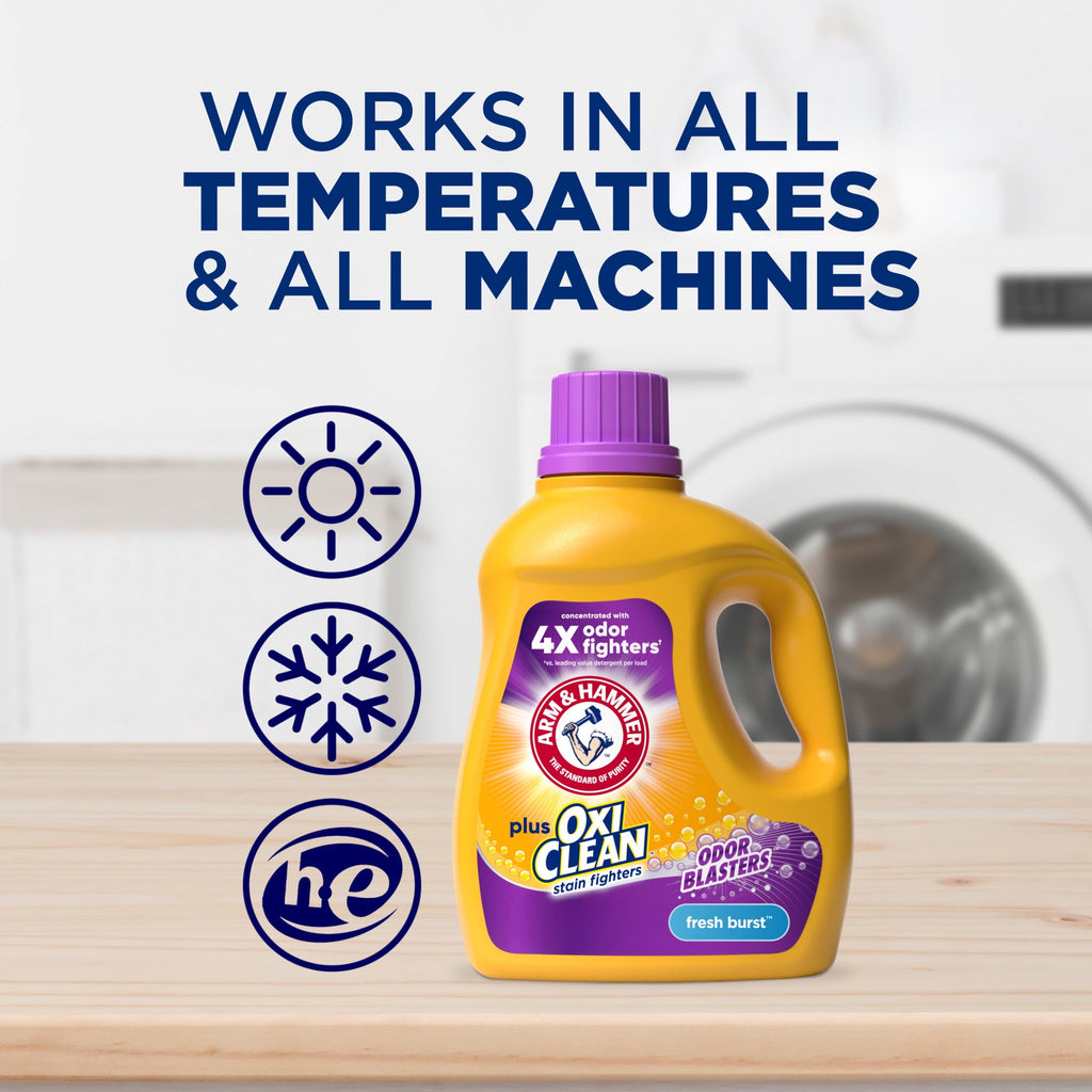 ARM & HAMMER Plus OxiClean with Odor Blasters Liquid Laundry Detergent, Fresh Burst, 96.2 Fl Oz