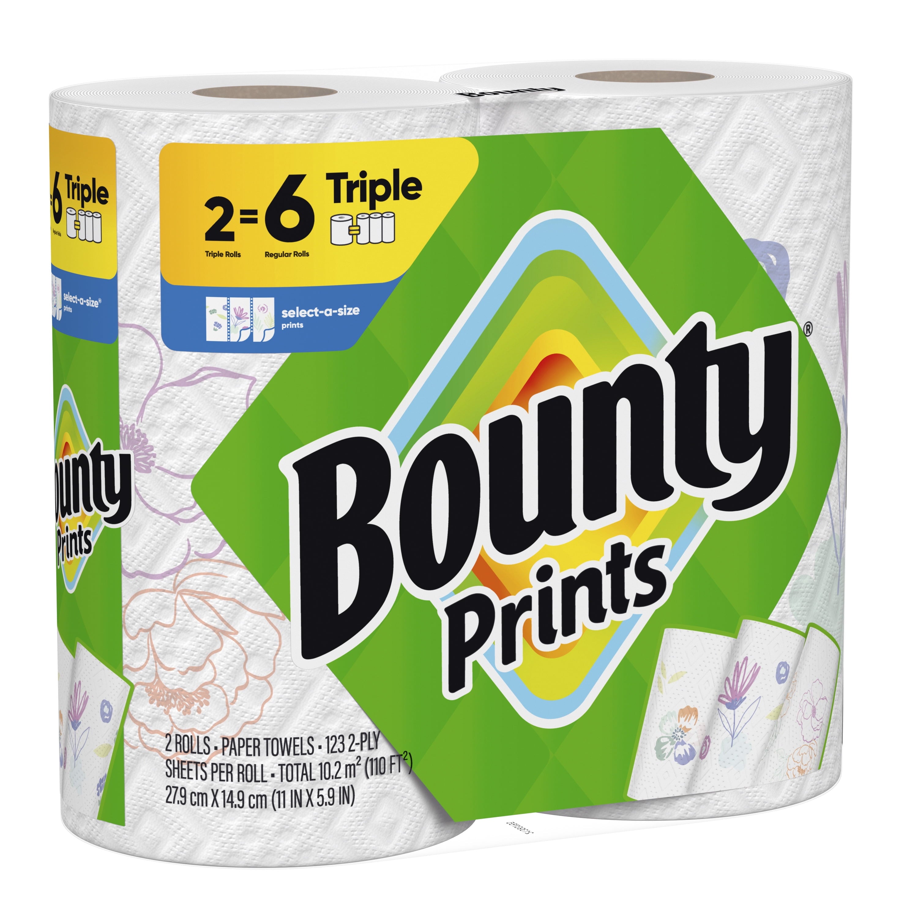 Bounty Paper Towels Select-A-Size Print, 2 Triple Rolls, 123 Sheets per Roll