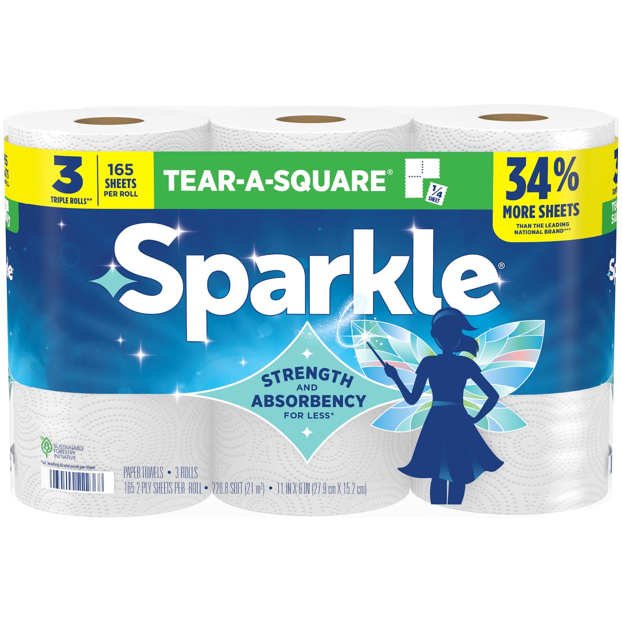 Sparkle Tear-A-Square Paper Towels, 3 Triple Rolls, 165 Sheets per Roll