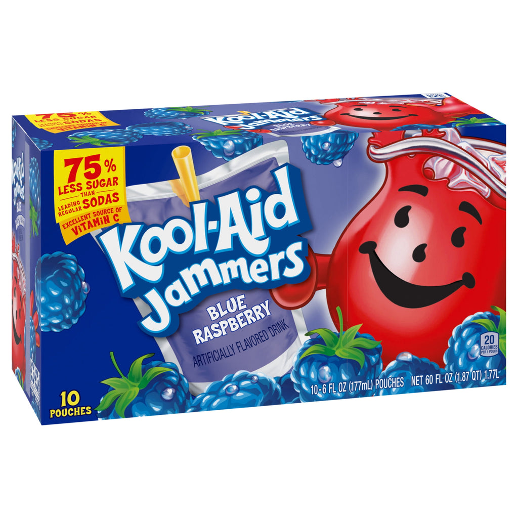 Kool-Aid Jammers Artificially Flavored Drink, 10 Pouches, for School Lunches and On-the-Go Hydration, Blue Raspberry Flavor, Excellent Source of Vitamin C, 6 fl oz