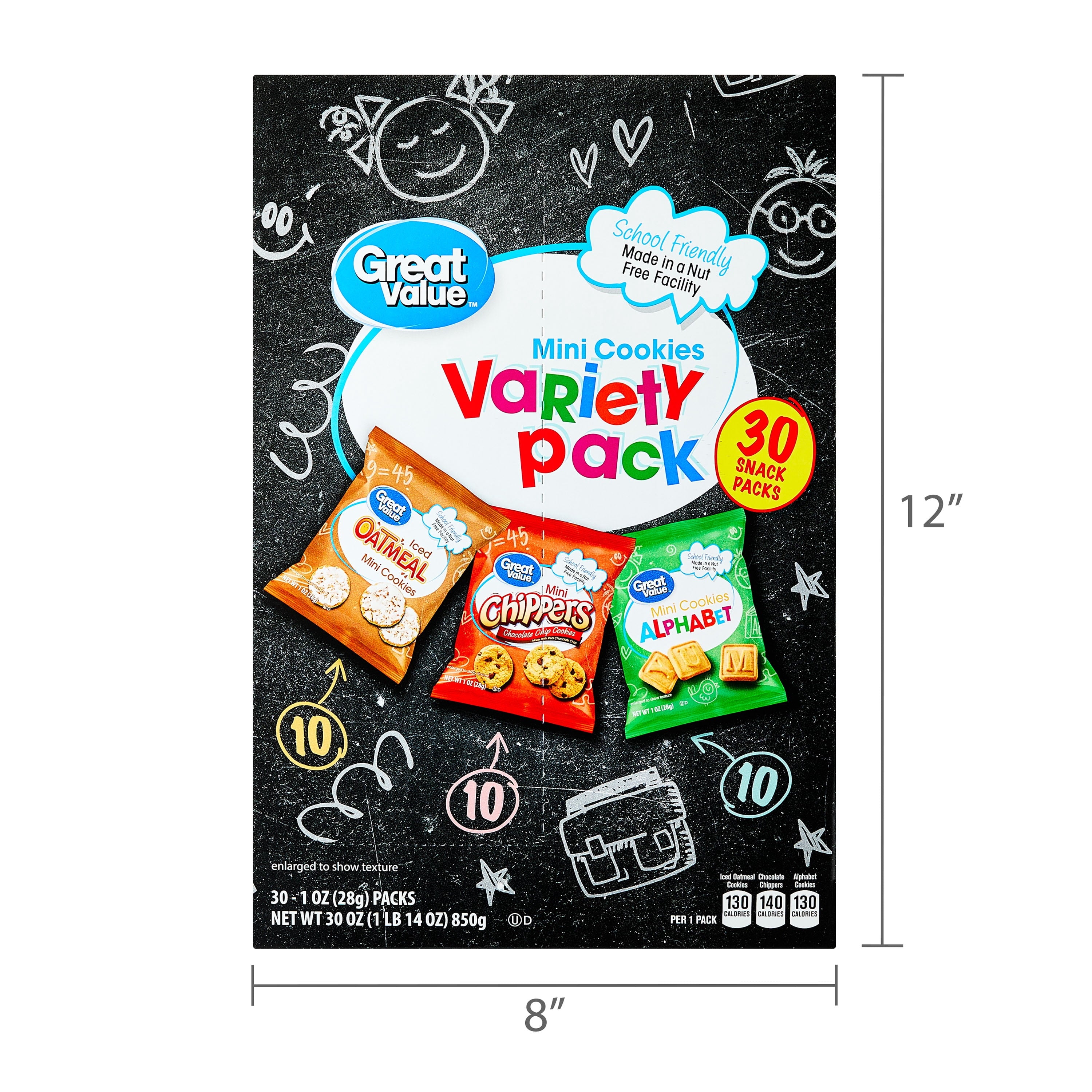 Great Value Mini Alphabet, Chippers & Oatmeal Cookies Variety Pack, 1 oz, 30 Snack Packs