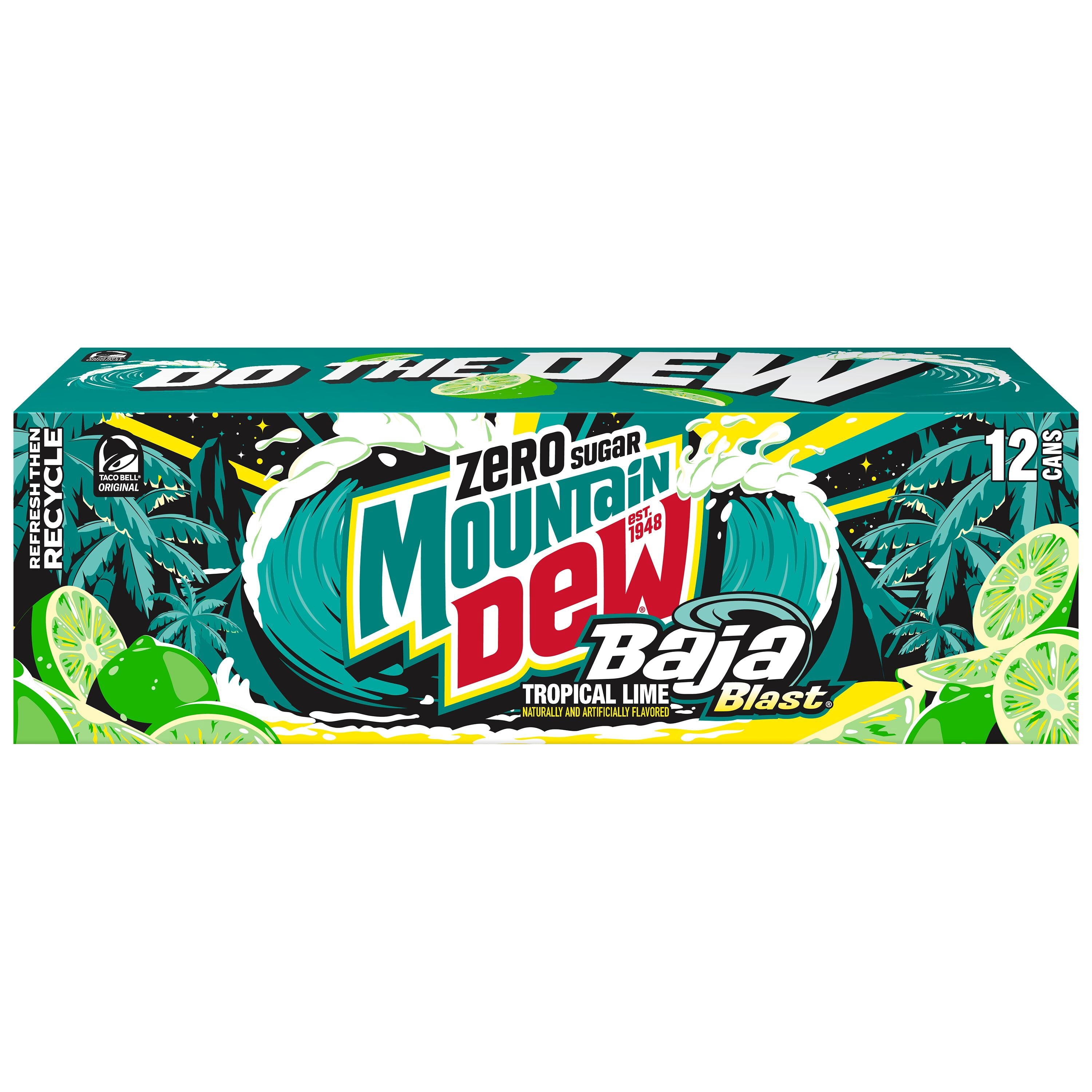 Mountain Dew Zero Sugar Baja Blast Tropical Lime Soda Pop, 12 fl oz, 12 Pack Cans