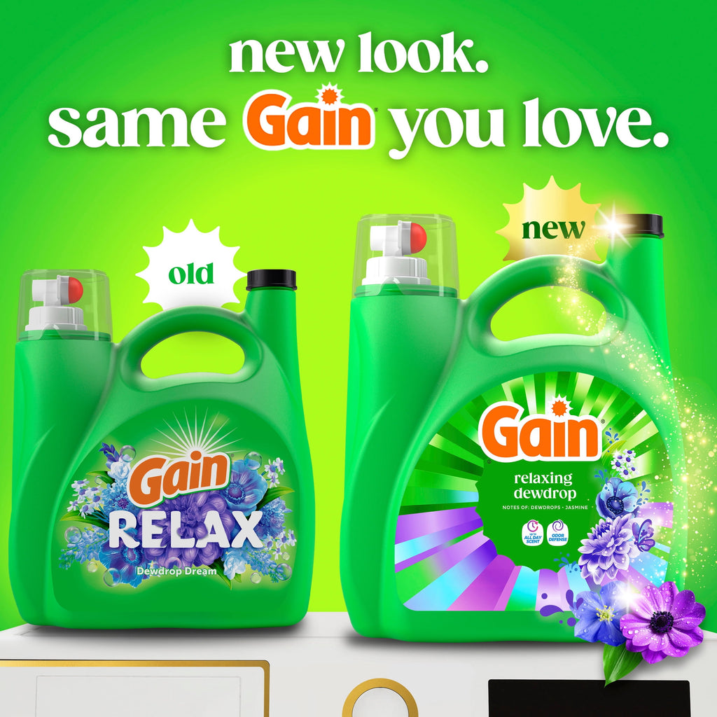 Gain Laundry Detergent Liquid, Now with Odor Defense, Relaxing Dewdrop Scent, 132 fl oz, 100 Loads