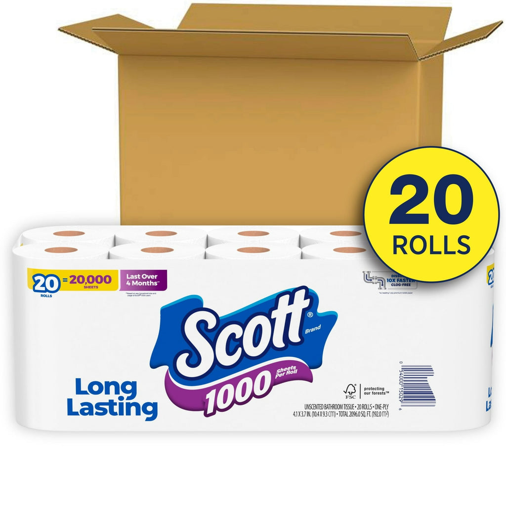 Scott 1000 Toilet Paper, 20 Rolls, 1,000 Sheets Per Roll
