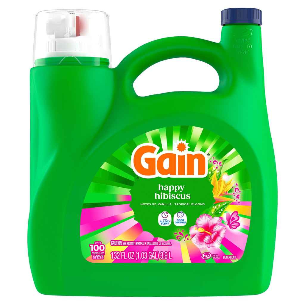 Gain Laundry Detergent Liquid, Now with Odor Defense, Happy Hibiscus Scent, 132 fl oz, 100 Loads