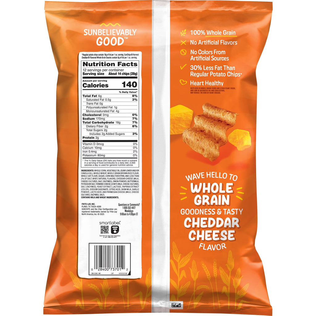 SunChips 100% Whole Grain Harvest Cheddar Snack Chips Bag, 12 oz