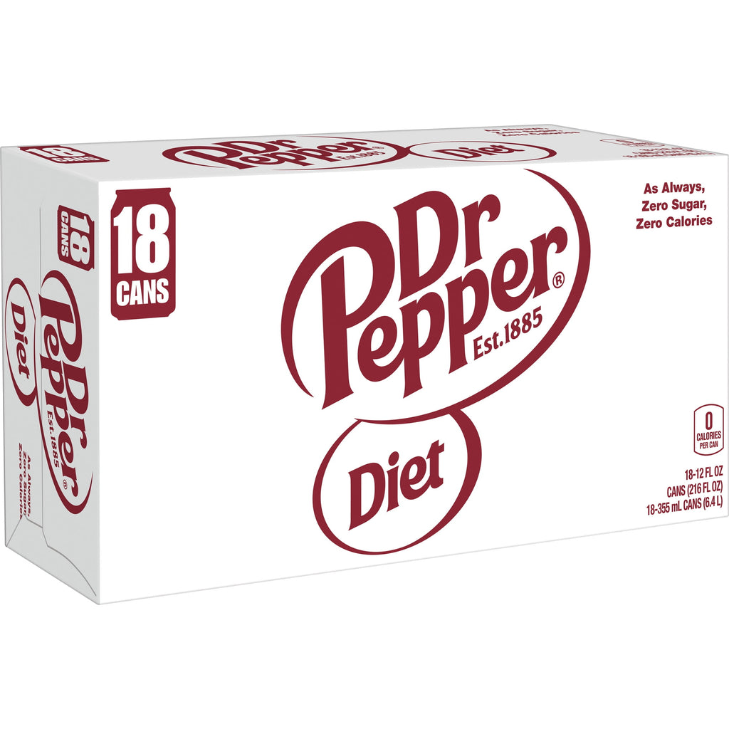 Diet Dr Pepper Soda Pop, 12 fl oz cans, 18 pack