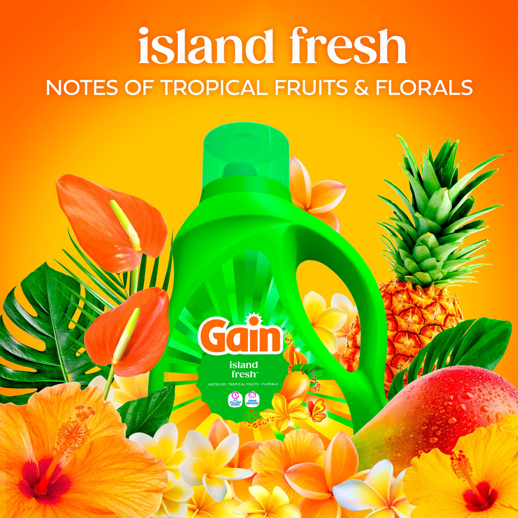 (2 pack) Gain Laundry Detergent Liquid, Now with Odor Defense, Island Fresh Scent, 81 fl oz, 61 Loads