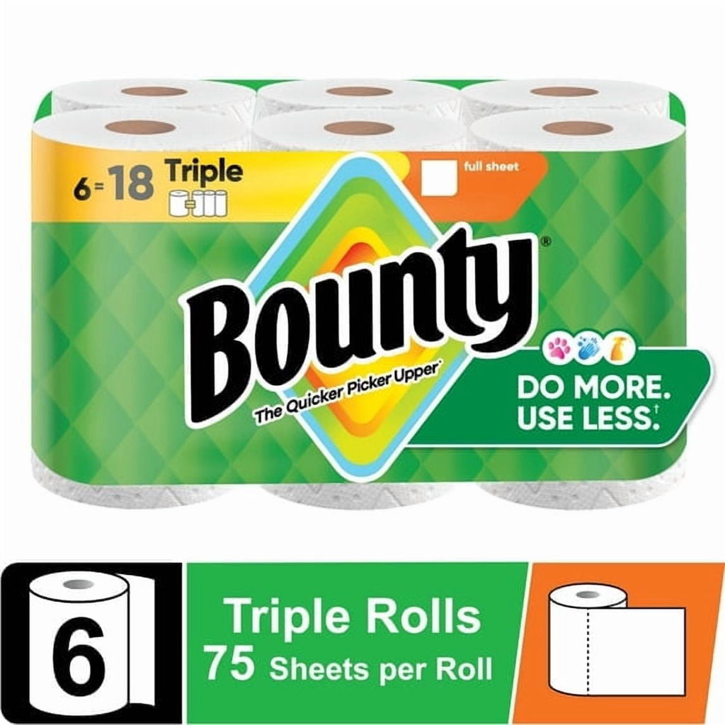 2 Pack Bounty Paper Towels Full Sheet White, 6 Triple Rolls, 75 Sheets per Roll