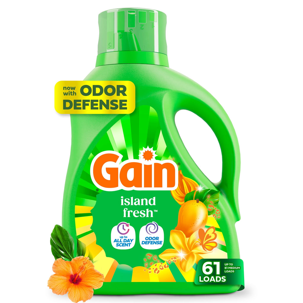 (2 pack) Gain Laundry Detergent Liquid, Now with Odor Defense, Island Fresh Scent, 81 fl oz, 61 Loads