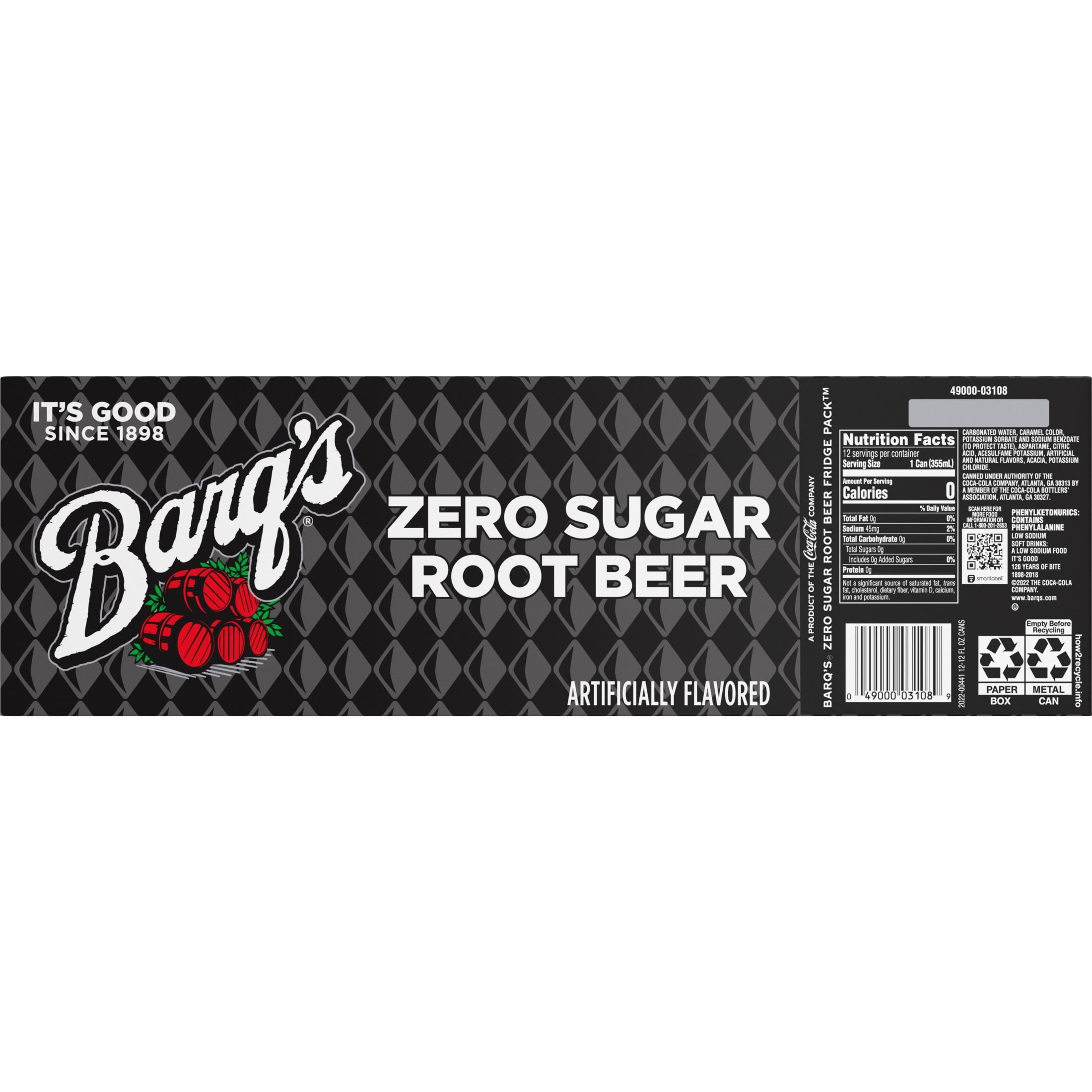 Barq's Zero Sugar Root Beer Soda Pop Fridge Pack Cans, 12 fl oz, 12 Pack