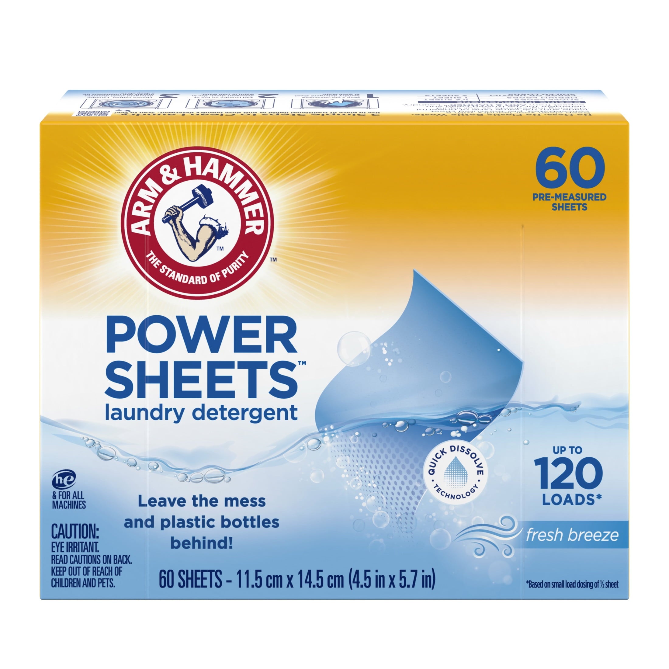 ARM & HAMMER Power Sheets Laundry Detergent, Fresh Breeze 60 ct, up to 120 small loads