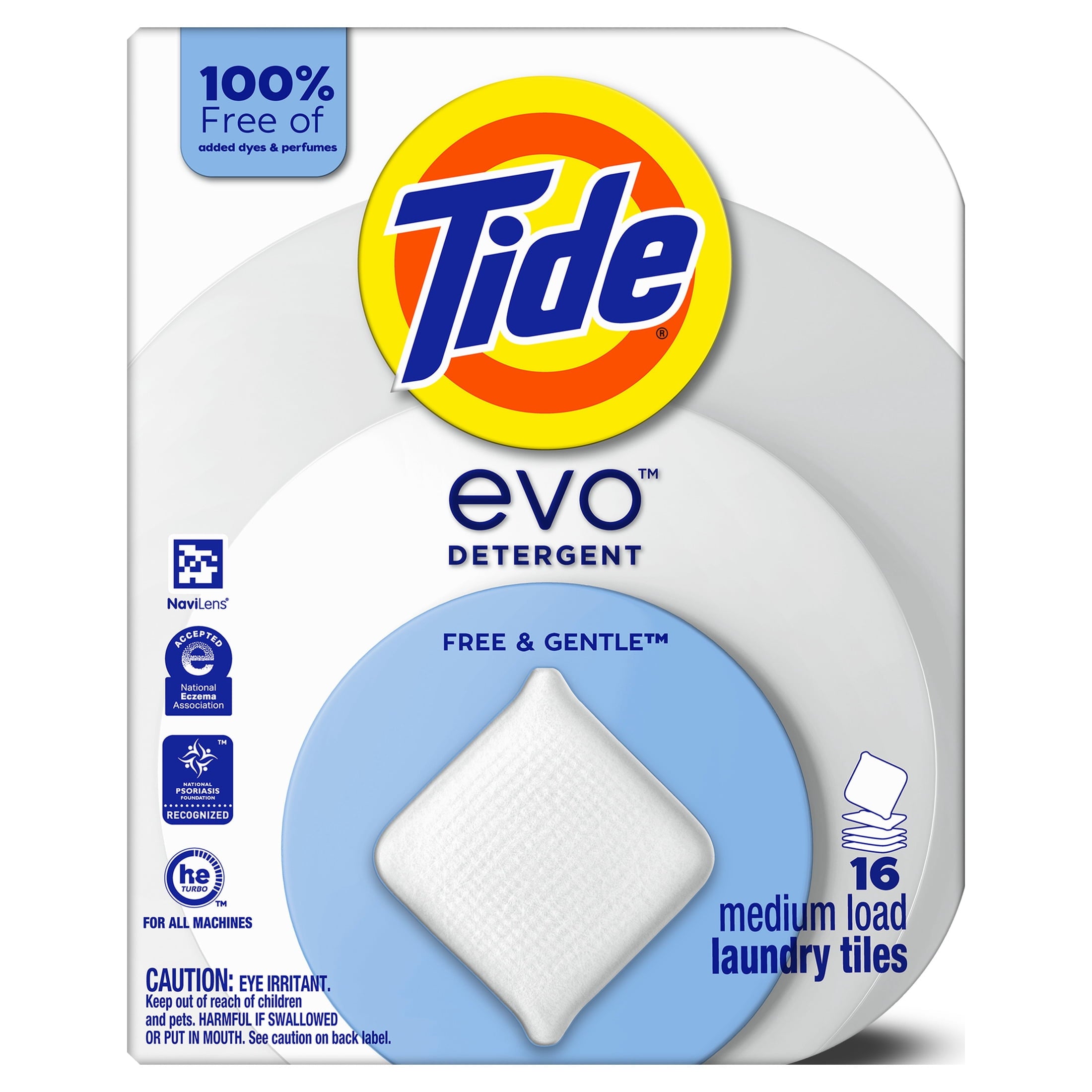Tide Evo Free & Gentle Laundry Detergent Tiles, Works on 100% of Common Stains, Unscented, 16 Count