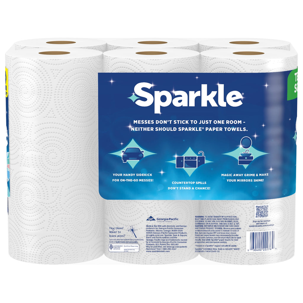 Sparkle Tear-A-Square Paper Towels, 6 Double Rolls, 110 Sheets per Roll