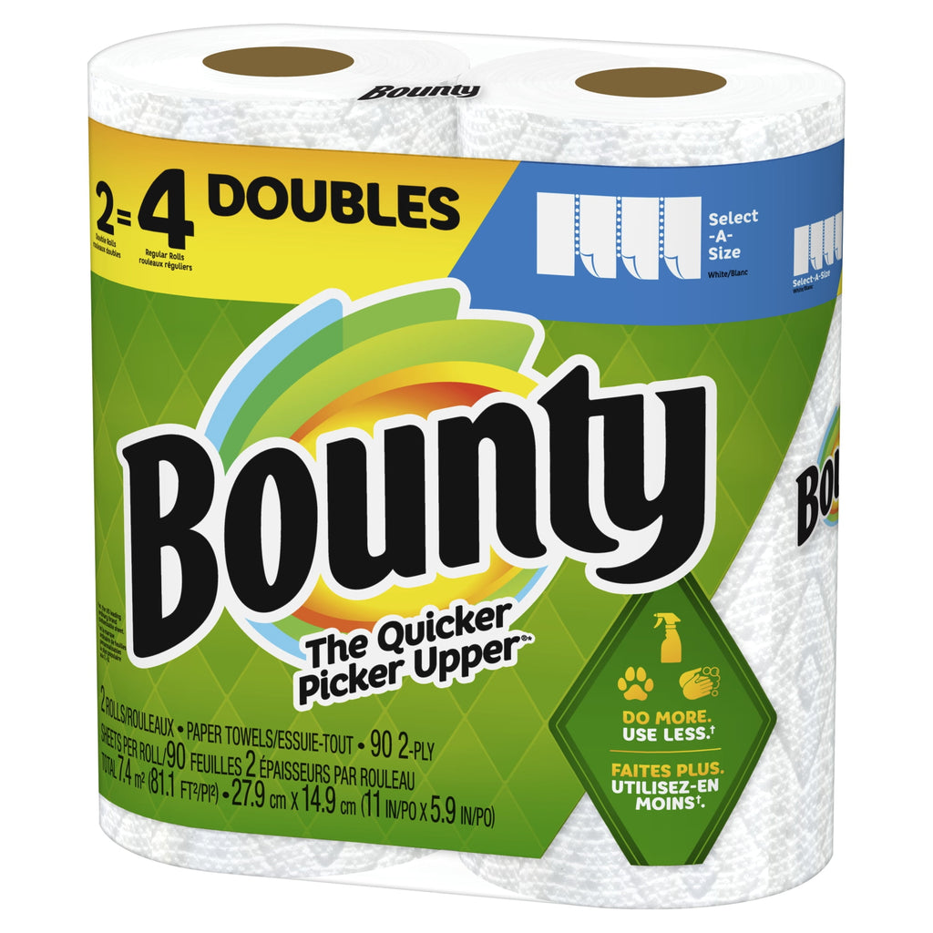 Bounty Select-A-Size 2-Ply Paper Towels, Double Roll, 11" x 6", White, 90 Sheets Per Roll, Pack Of 2 Rolls