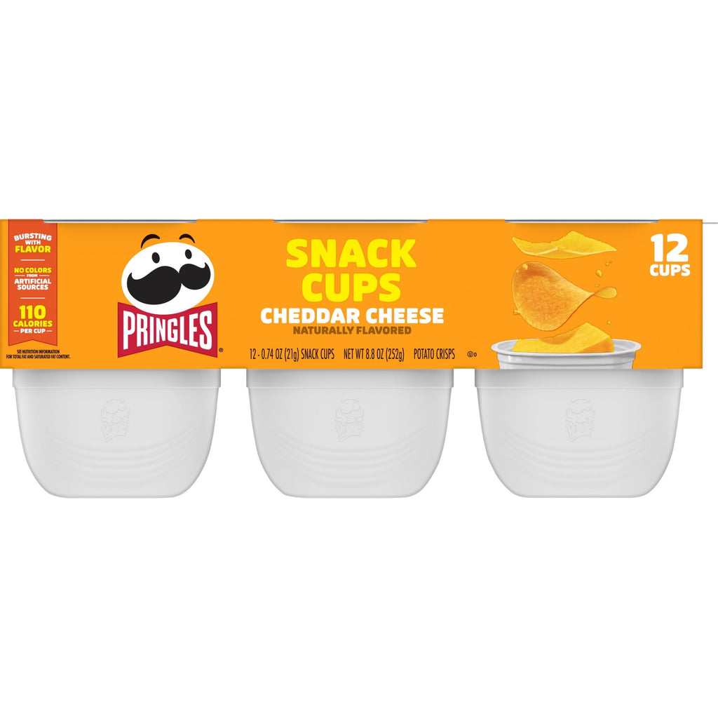 Pringles Potato Crisps Chips, Lunch Snacks, Snack Cups, Cheddar Cheese, 8.8oz Tray (12 Cups)
