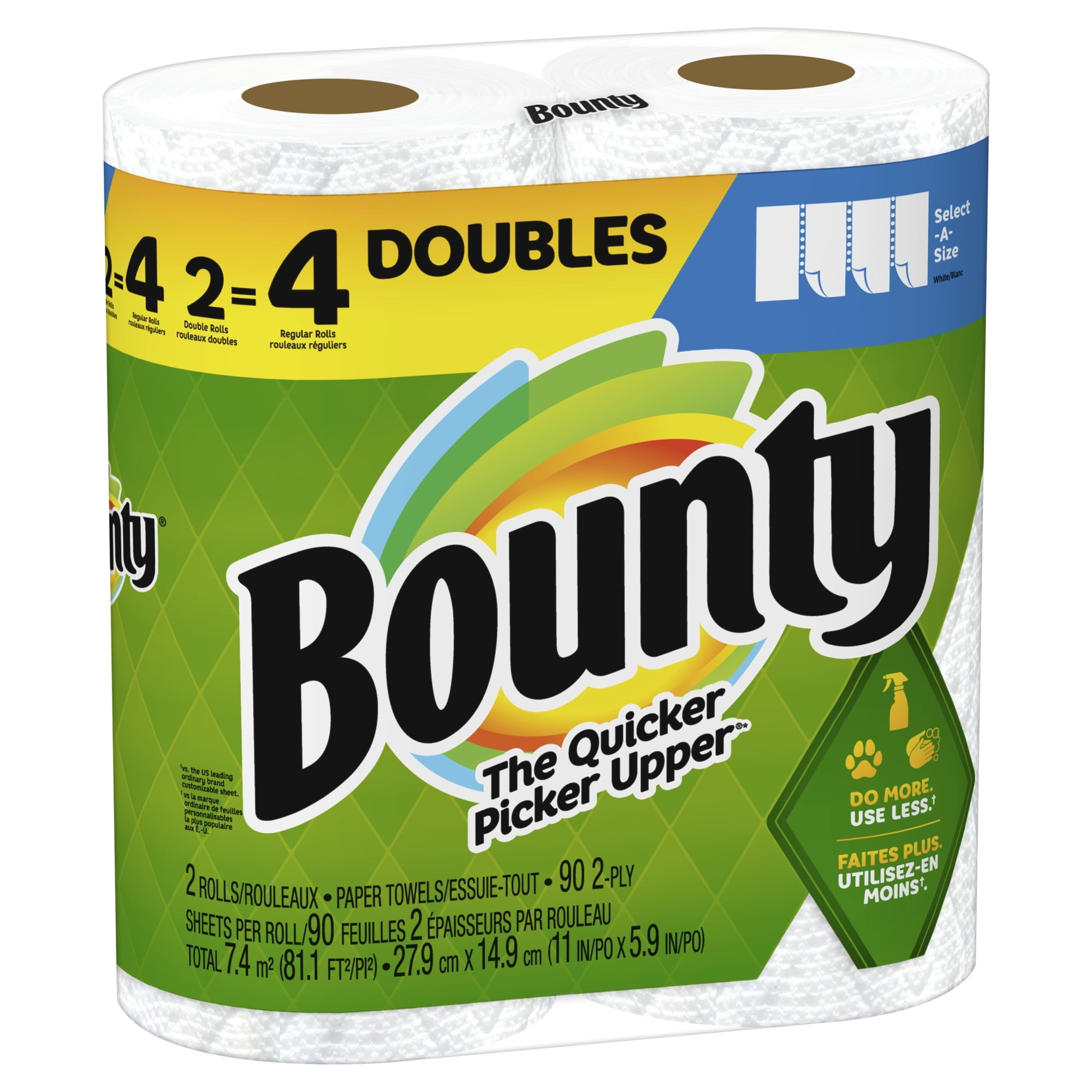 Bounty Select-A-Size 2-Ply Paper Towels, Double Roll, 11" x 6", White, 90 Sheets Per Roll, Pack Of 2 Rolls