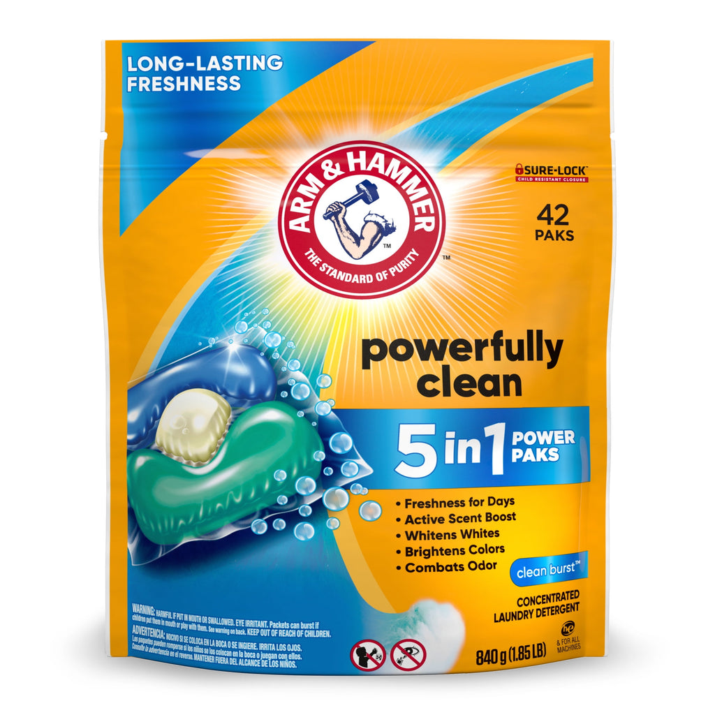 ARM & HAMMER Clean Burst 5-in-1 Laundry Detergent Power Paks, Powerfully Clean, Clean Burst Scent, 42 Count