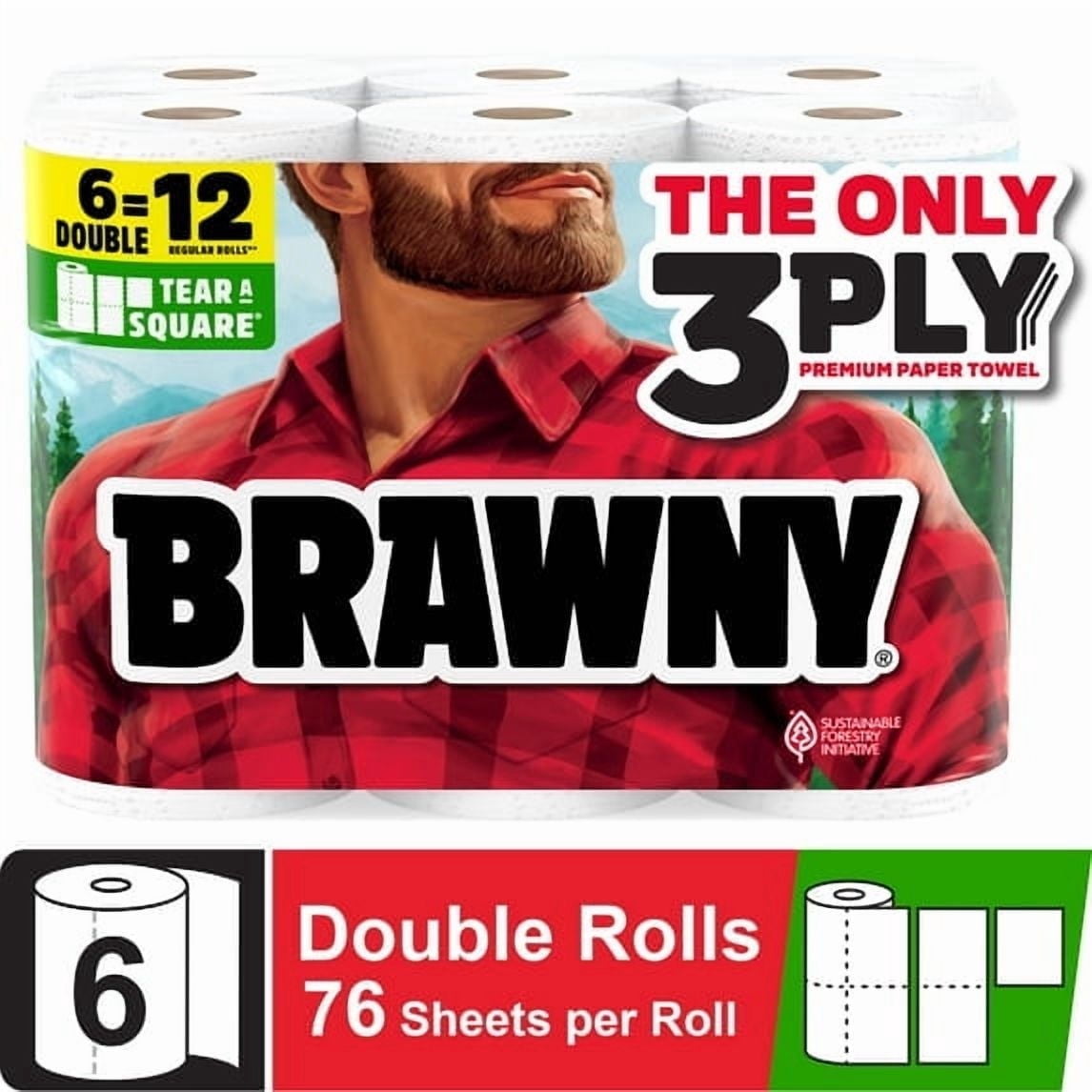 (2 Pack) Brawny Tear-a-Square 3-Ply Paper Towels, 6 Double Rolls