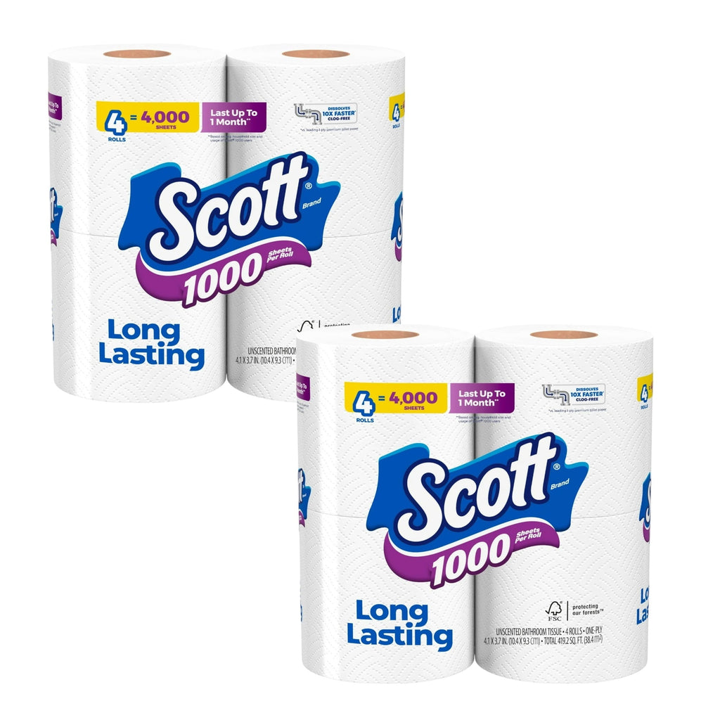 (2 pack) Scott 1000 Toilet Paper, 4 Rolls, 1,000 Sheets per Roll