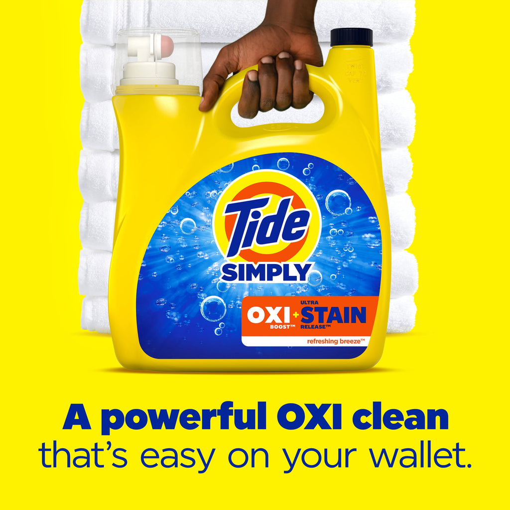 Tide Simply Oxi Boost + Ultra Stain Release Liquid Laundry Detergent, Refreshing Breeze Scent, 105 fl oz, 74 Loads