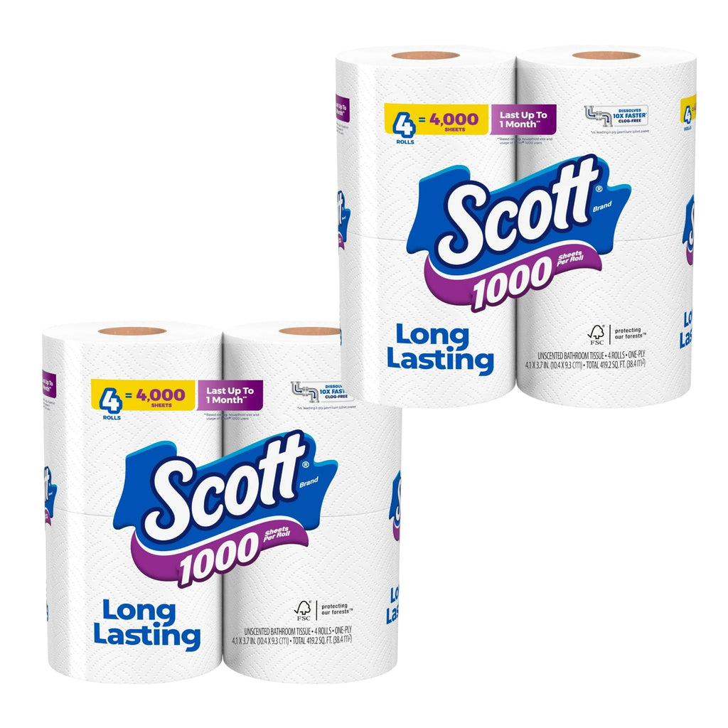 (2 pack) Scott 1000 Toilet Paper, 4 Rolls, 1,000 Sheets per Roll