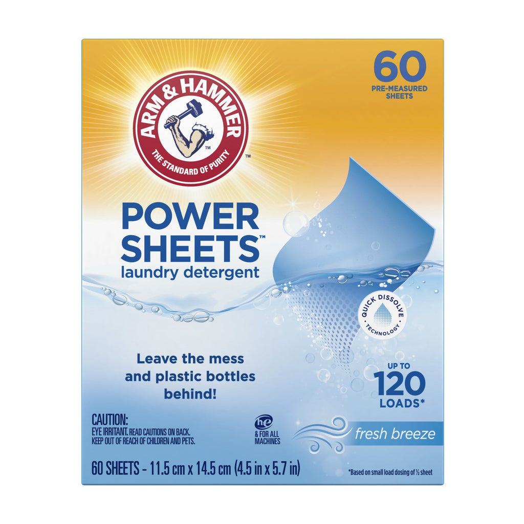 ARM & HAMMER Power Sheets Laundry Detergent, Fresh Breeze 60 ct, up to 120 small loads