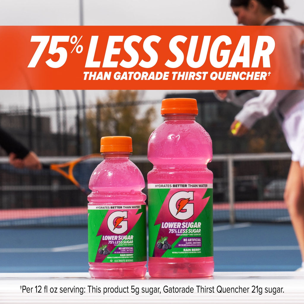Gatorade Lower Sugar, No Artificials Fruit Punch Flavored Electrolyte Sports Drink, 12 fl oz Bottle, (12 pack), 75% Less Sugar, Hydration