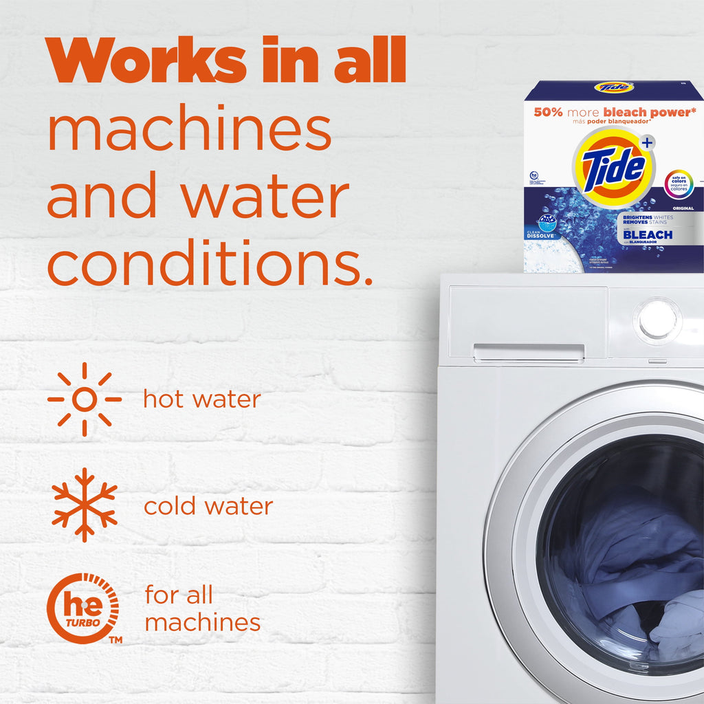 Tide Plus Bleach Powder Laundry Detergent, Original Scent, 129 oz, 89 Loads