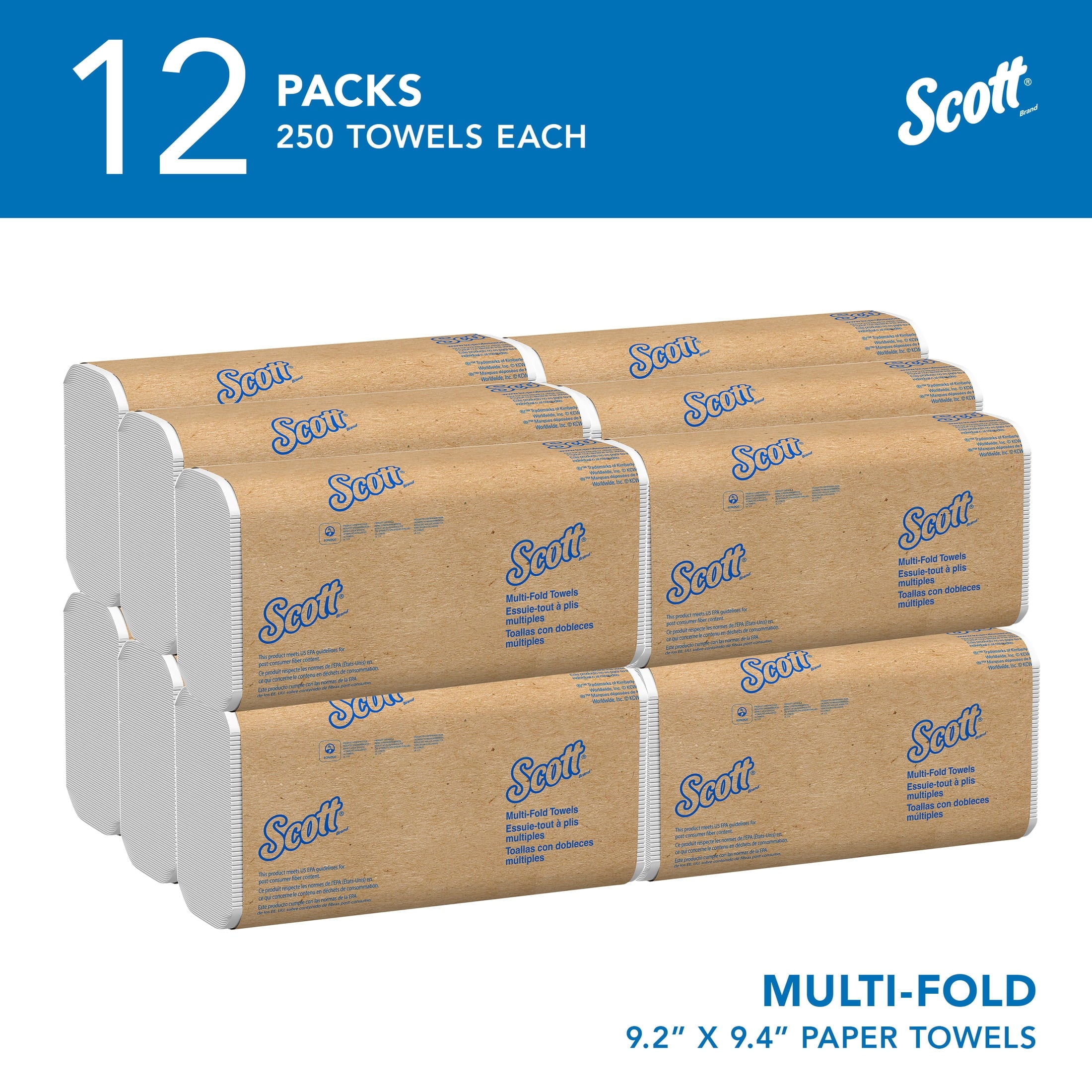 Scott Professional Universal Multifold Paper Towels, Bulk (58091), Absorbency Pockets, White, 9.2"x9.4" Towel, White, Compressed, Compact Case (250 Sheets/Pack, 12 Packs/Case, 3,000 Sheet Total)