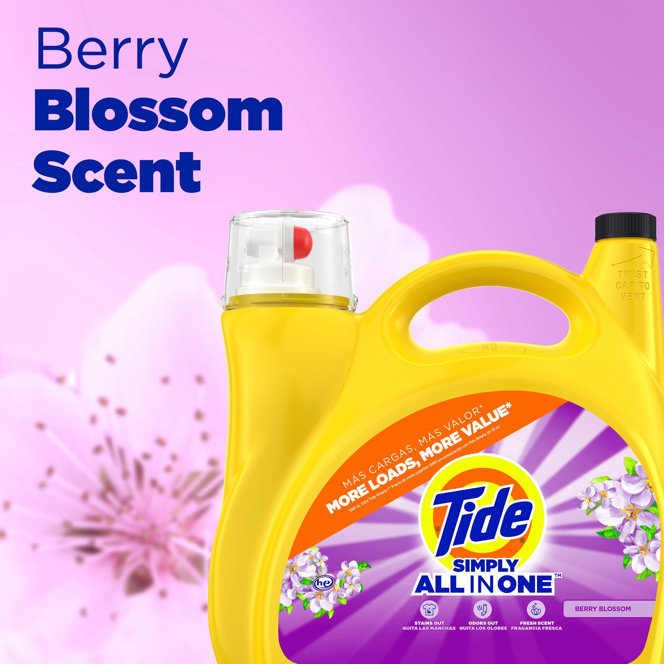 Tide Simply Laundry Detergent Liquid, Clean & Fresh, Berry Blossom Scent, 138 Loads, 173 fl oz
