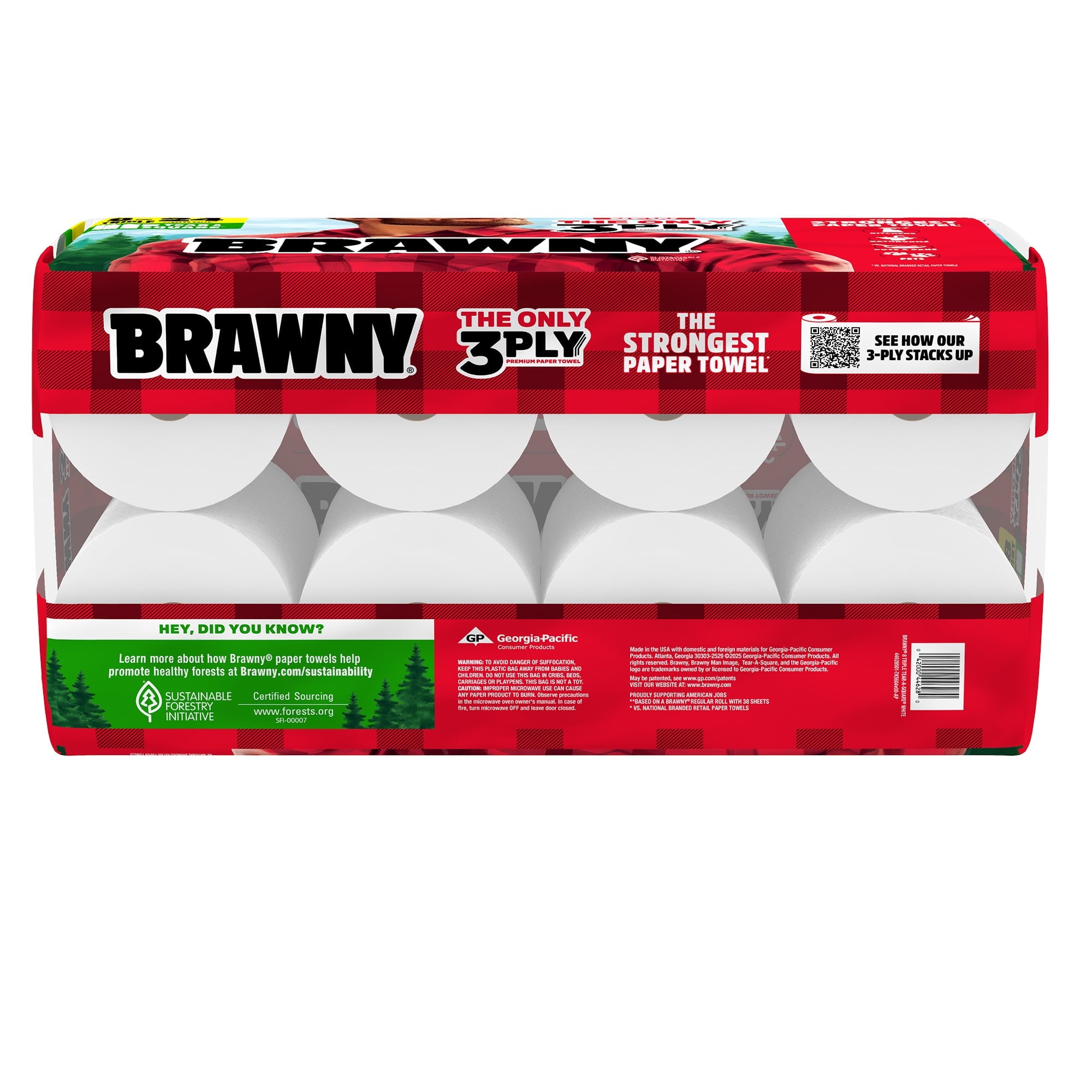 Brawny Tear-A-Square 3-Ply Paper Towels, 8 Triple Rolls, 114 Sheets per Roll