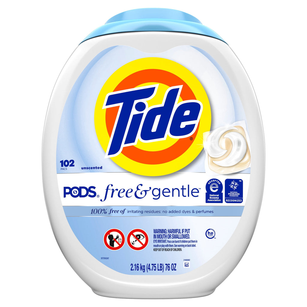 Tide PODS Free & Gentle laundry detergent, 102 ct, Trusted, gentle laundry detergent pods, 100% free of irritating residues: no added dyes and perfumes