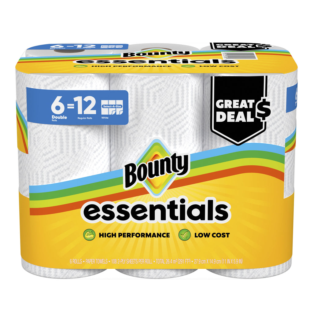 Bounty Essentials Paper Towels Select-A-Size 6 Double Rolls, White, 108 Sheets Per Roll