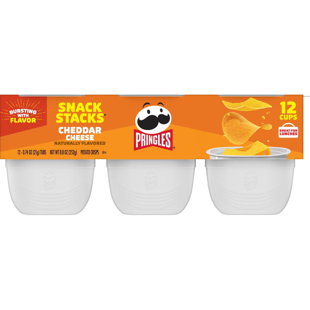Pringles Potato Crisps Chips, Lunch Snacks, Snack Cups, Cheddar Cheese, 8.8oz Tray (12 Cups)