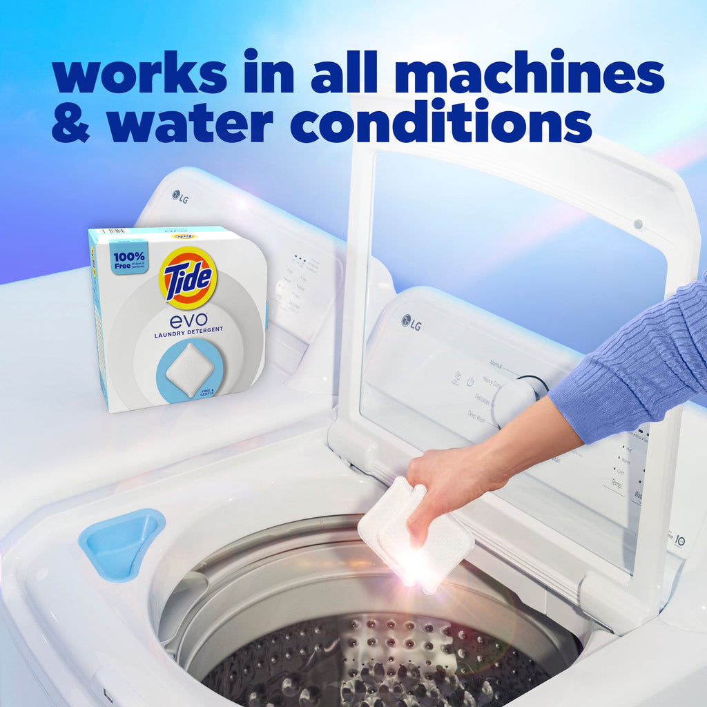 Tide Evo Free & Gentle Laundry Detergent Tiles, Works on 100% of Common Stains, Unscented, 16 Count
