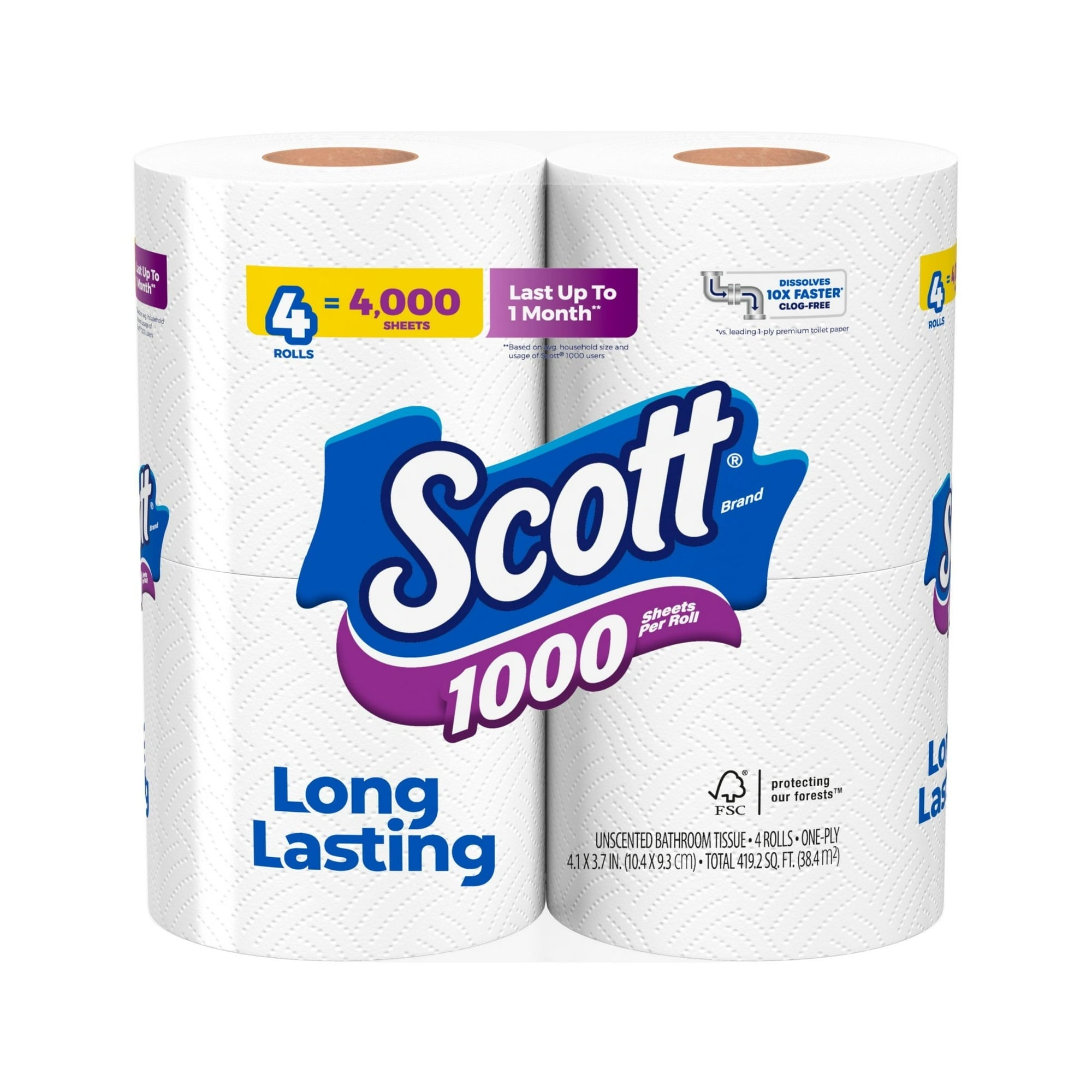 (2 pack) Scott 1000 Toilet Paper, 4 Rolls, 1,000 Sheets per Roll