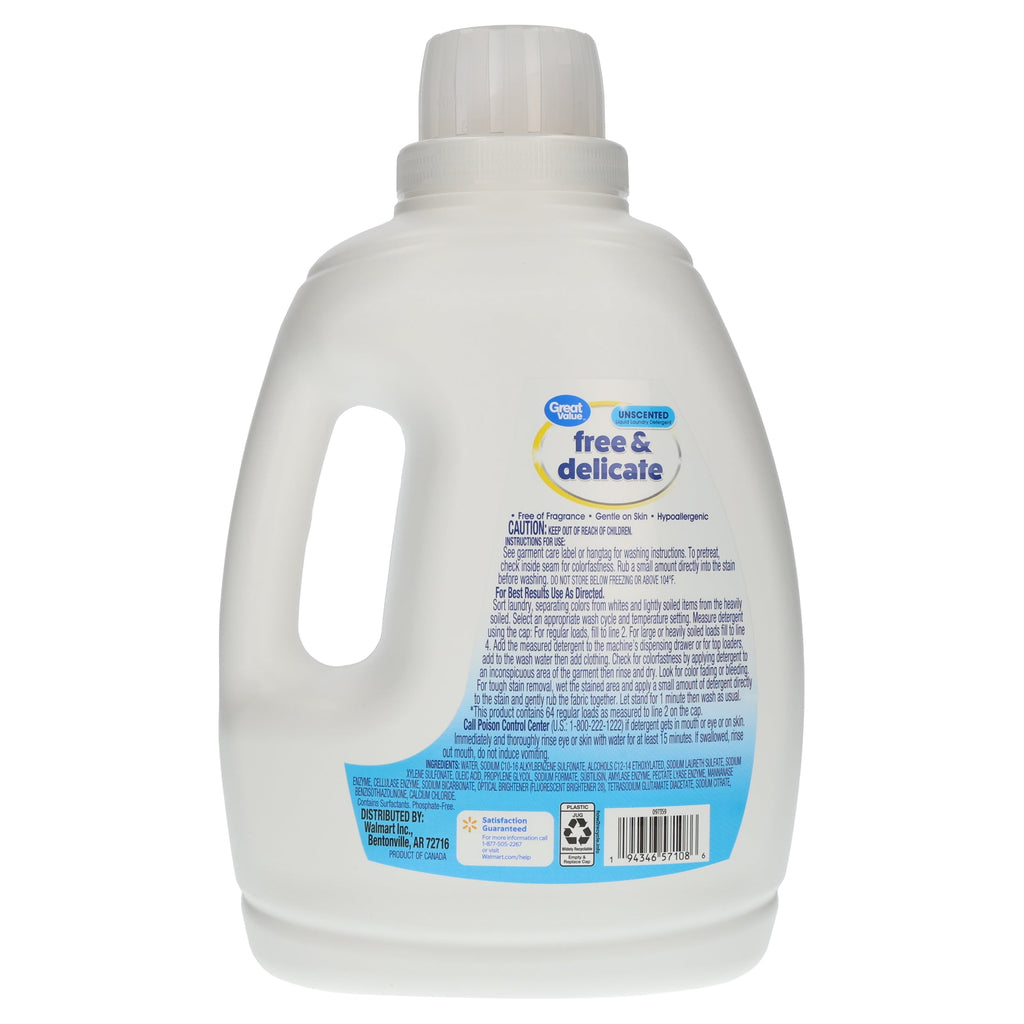 Great Value Free & Delicate Liquid Laundry Detergent, Unscented, 84 fl oz, 64 Loads