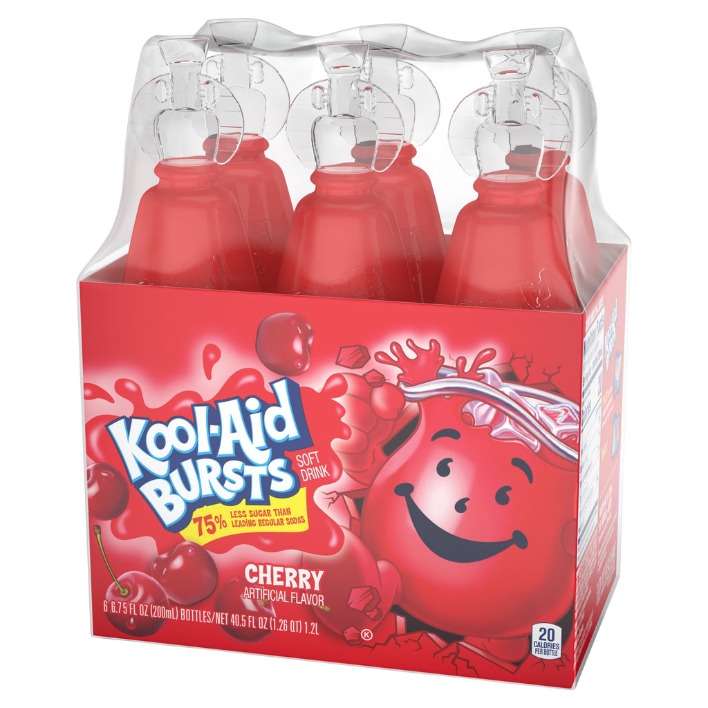 Kool-Aid Bursts Soft Drink, 6 Bottles, for School Lunches and On-the-Go Hydration, artificial flavor Cherry, Caffeine Free, 6.75 oz