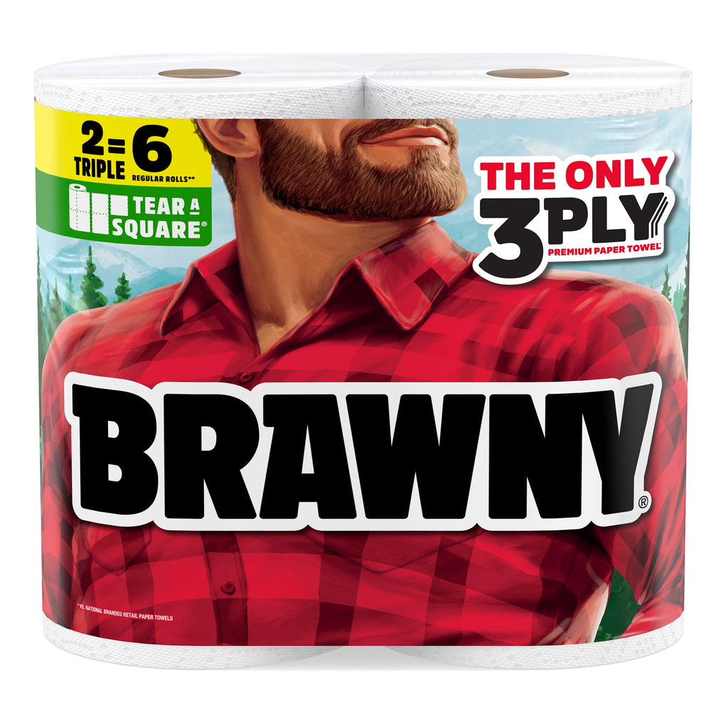 Brawny Tear-A-Square 3-Ply Paper Towels, 2 Triple Rolls, 114 Sheets per Roll