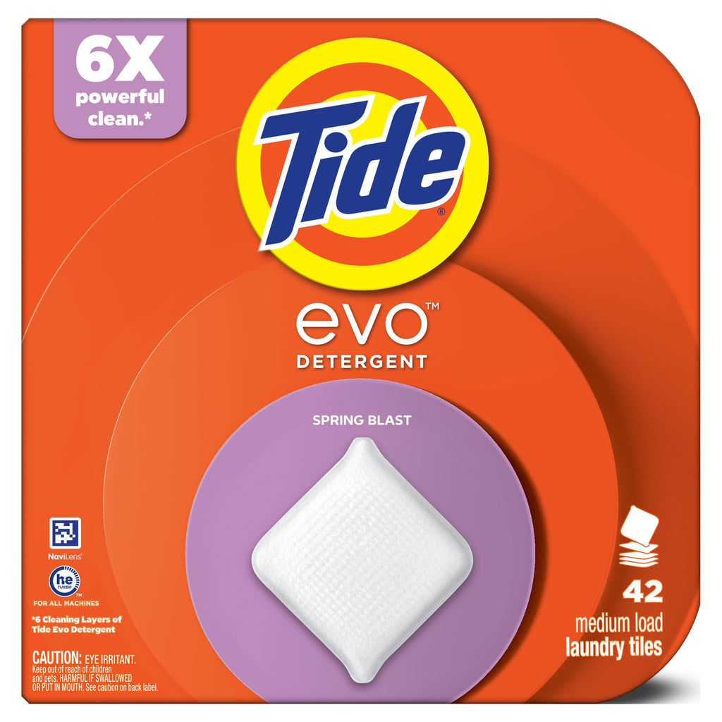 Tide Evo Laundry Detergent Tiles, 100% Concentrated, 6X Cleaning Power, Spring Blast Scent, 16 Count
