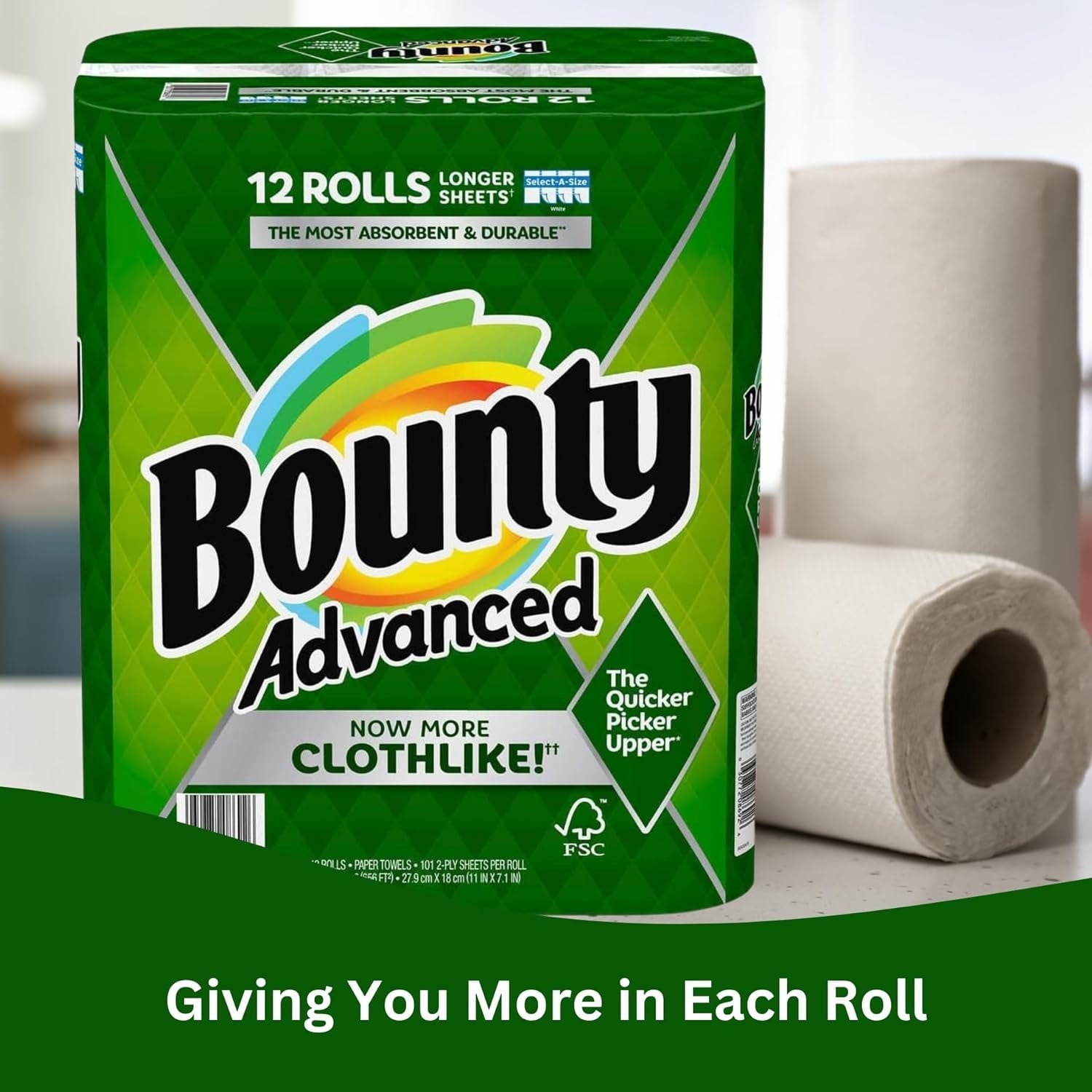 Bounty Advanced 2-Ply Paper Towel - Absorbent, Durable, and Clothlike - Select-A-Size - 3 Rolls