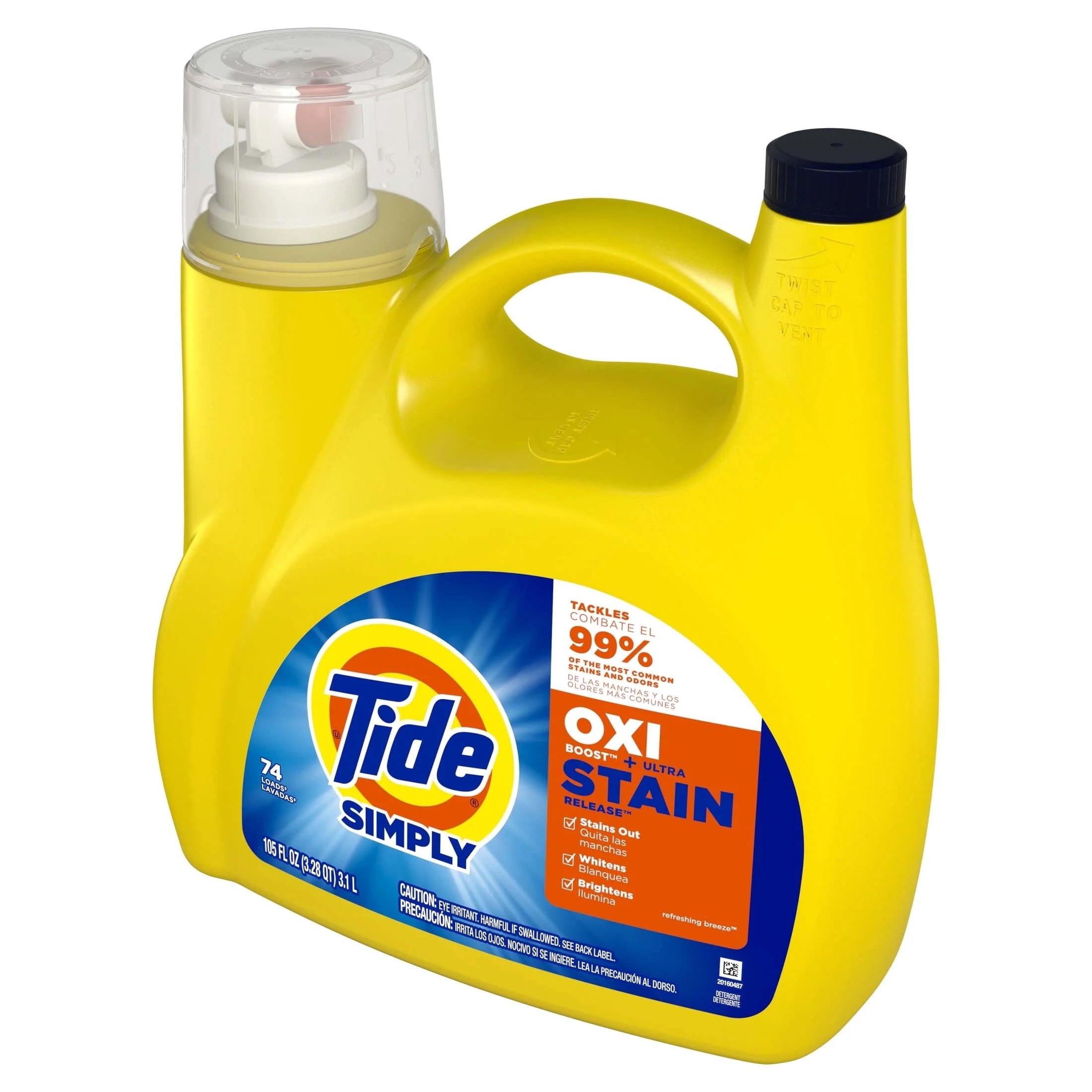 Tide Simply Oxi Boost + Ultra Stain Release Liquid Laundry Detergent, Refreshing Breeze Scent, 105 fl oz, 74 Loads